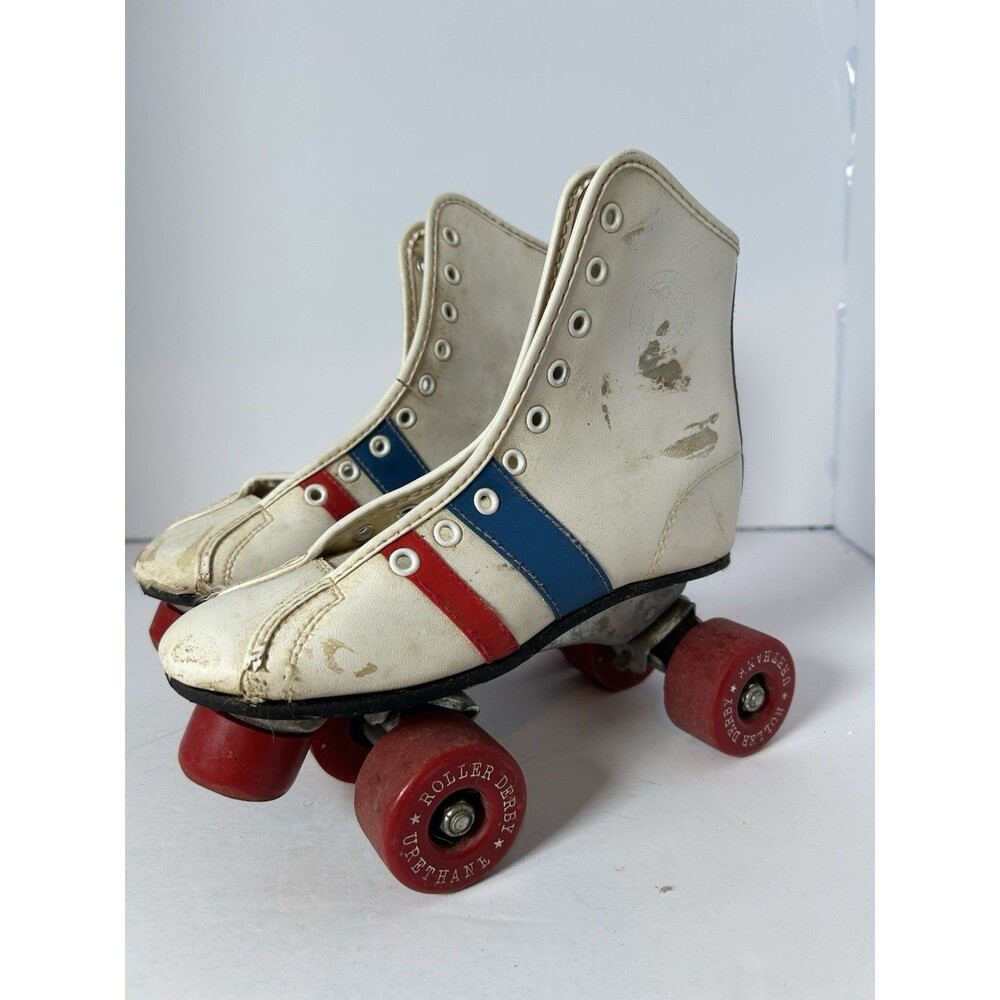 Vintage Roller Derby Skates White Leather Red And Blue 4 Wheels Sz 2 Kids